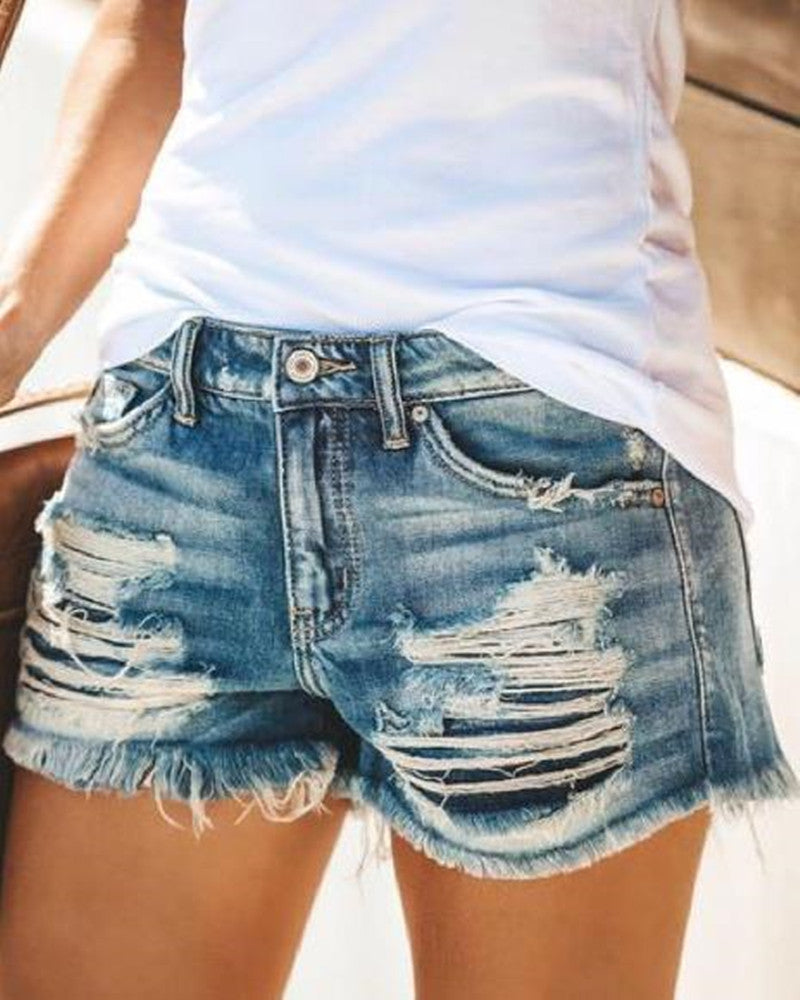 Urban Boho Ripped Fringed Denim Shorts