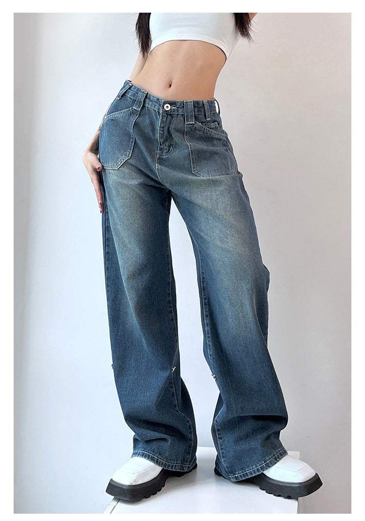 Street-Ready Retro High Buckle Jeans