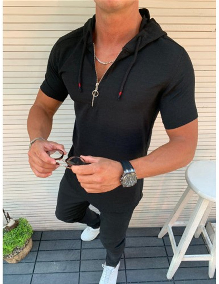 Zipper Hooded Cotton T-shirt