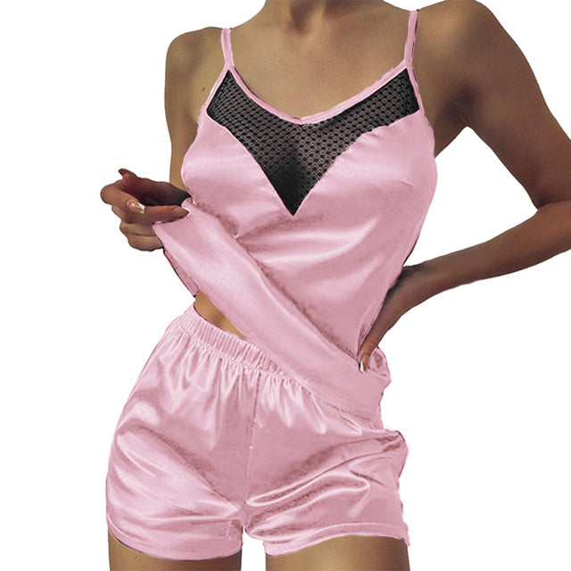 Lace Trimmed Satin Pajamas Set