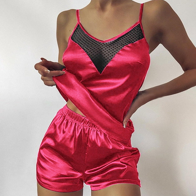 Lace Trimmed Satin Pajamas Set