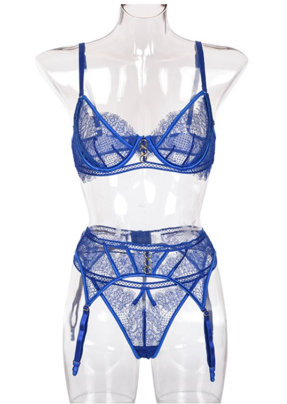 Seductive Blue Lace Lingerie Set with Underwire Bra