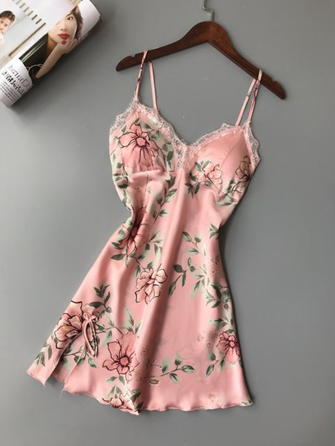 Floral Silk Satin Lace Sleepwear Nightgown