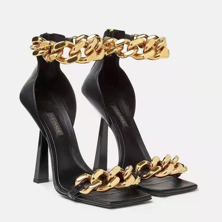 Low-cut Stiletto Sandals with Metal Chain