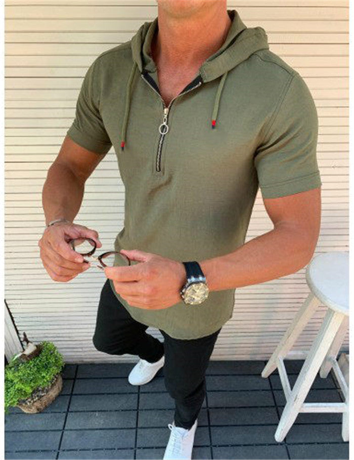 Zipper Hooded Cotton T-shirt