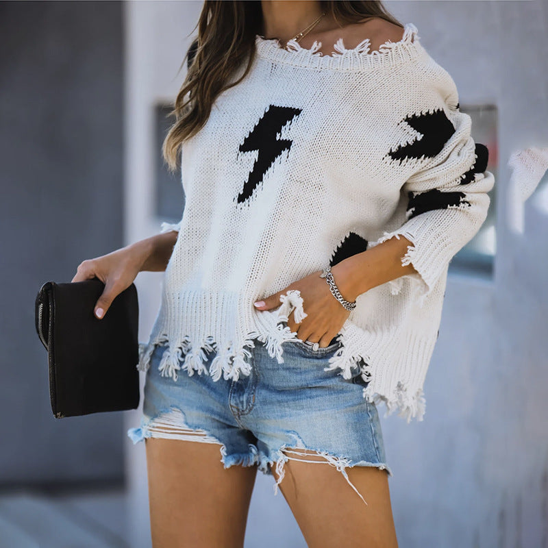 Effortlessly Trendy Lightning Hole Tassel Sweater