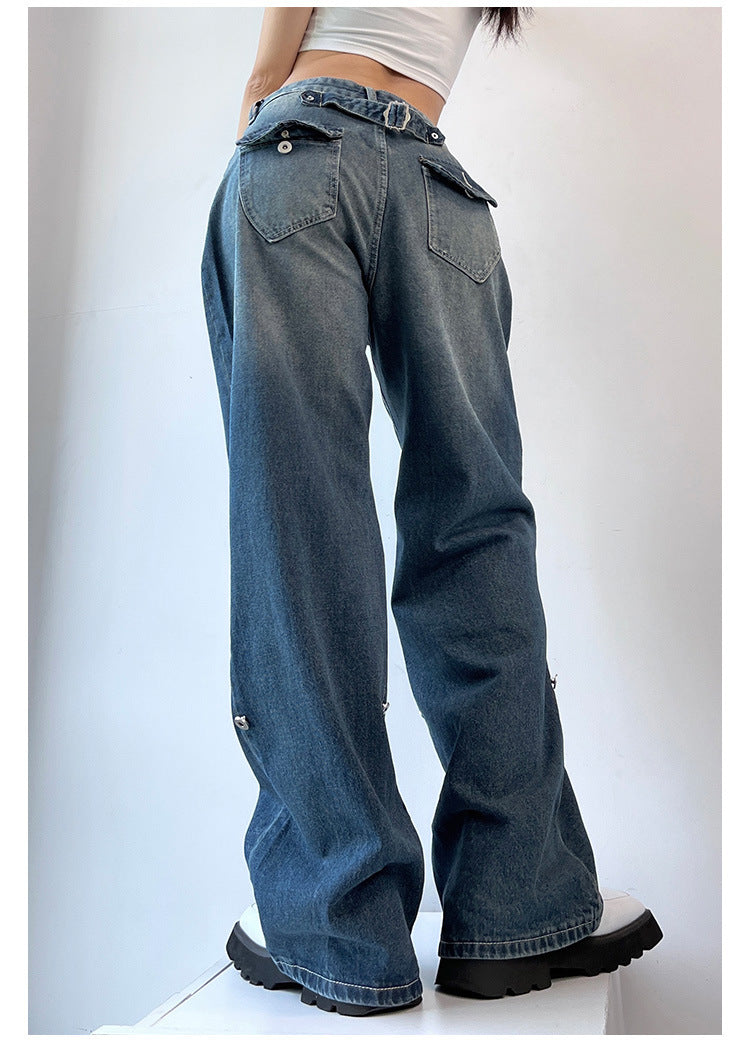 Street-Ready Retro High Buckle Jeans