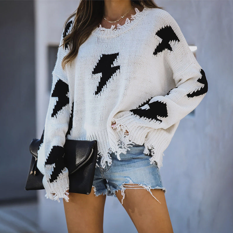 Effortlessly Trendy Lightning Hole Tassel Sweater