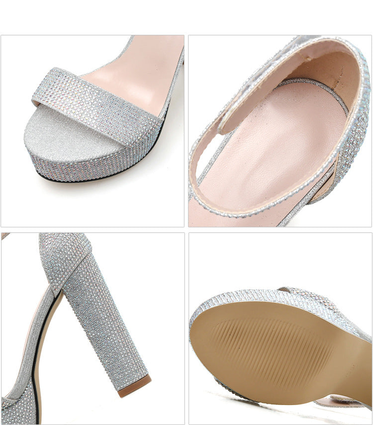 Rhinestone Thick High Heel Platform Strap Sandals