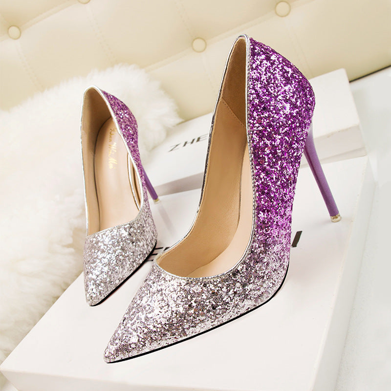 Glamorous Ombre Glitter Pump Low-Cut High Heels
