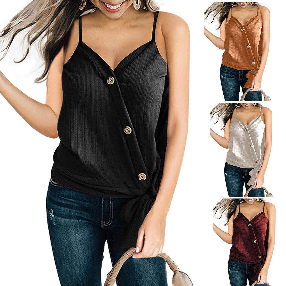 Chiffon V-Neck Buttoned Knotted Shirt