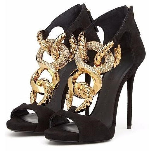 Fashion Runway Stiletto Suede Metal Chain Heels