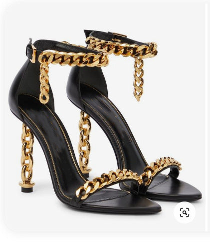 Luxury Golden Chain High Heel Ankle Strap Sandals
