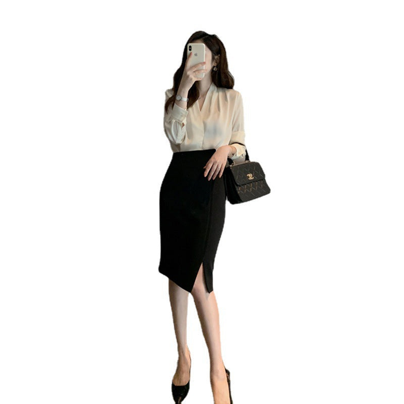 Timeless Grace Long Sleeve Satin Top and Asymmetric Skirt