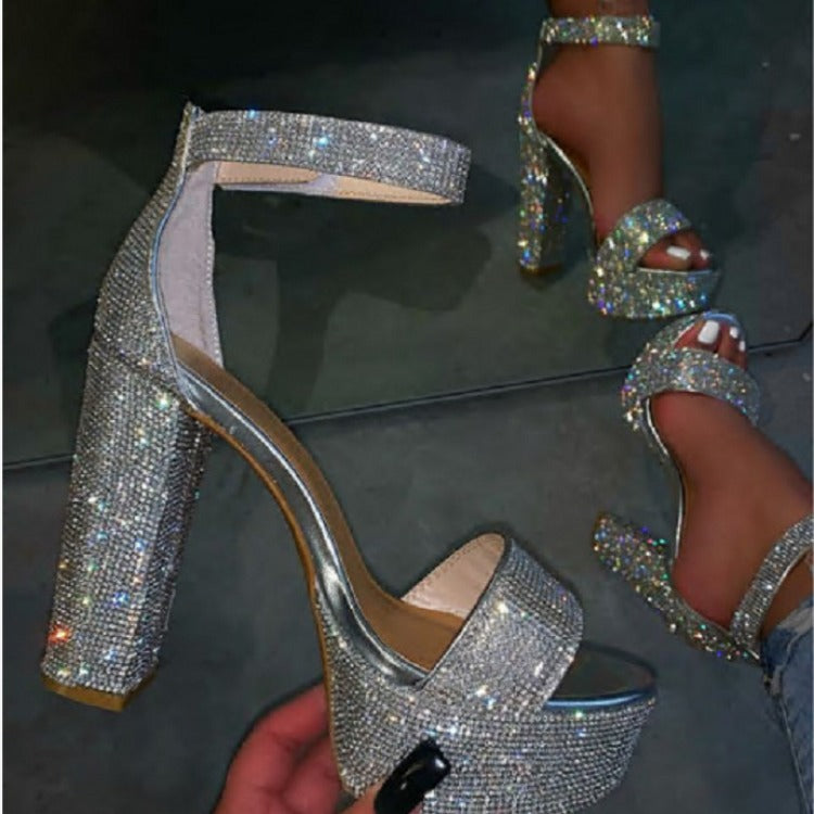 Rhinestone Thick High Heel Platform Strap Sandals