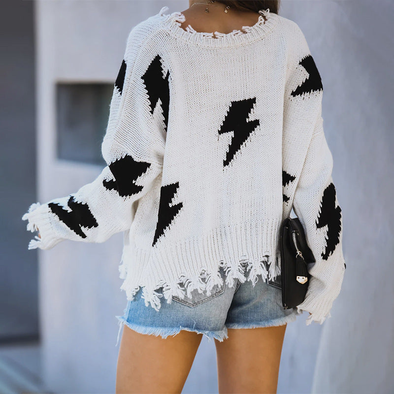 Effortlessly Trendy Lightning Hole Tassel Sweater