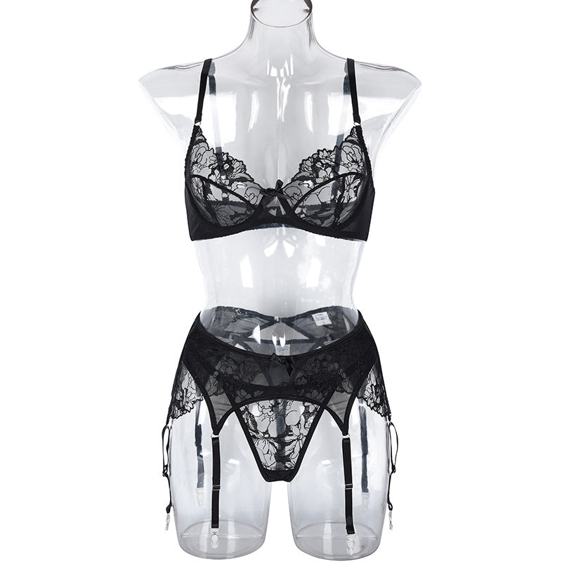 Romantic Black Lace Embroidered Lingerie Set with Sheer Mesh Accents