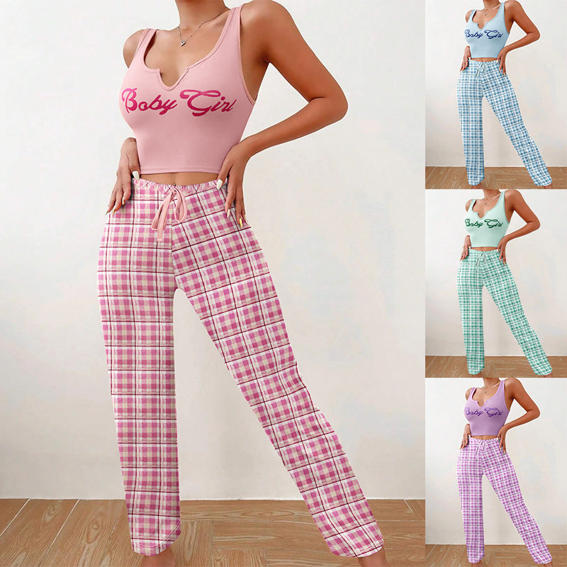 Essentials Plaid Trousers and Letter Print Pajama Set