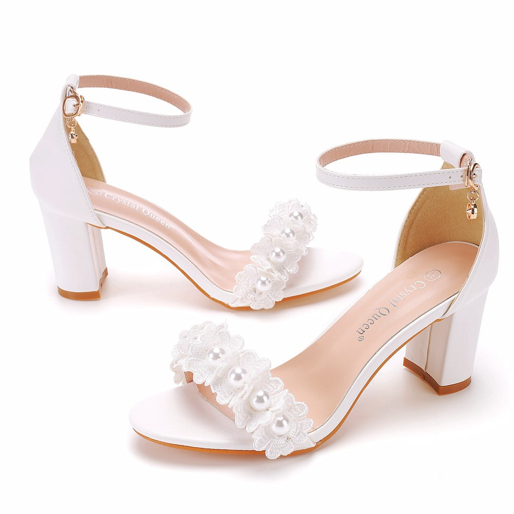 Embroidered Lace Beads Flower High Heel Sandals