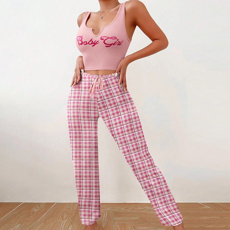 Essentials Plaid Trousers and Letter Print Pajama Set