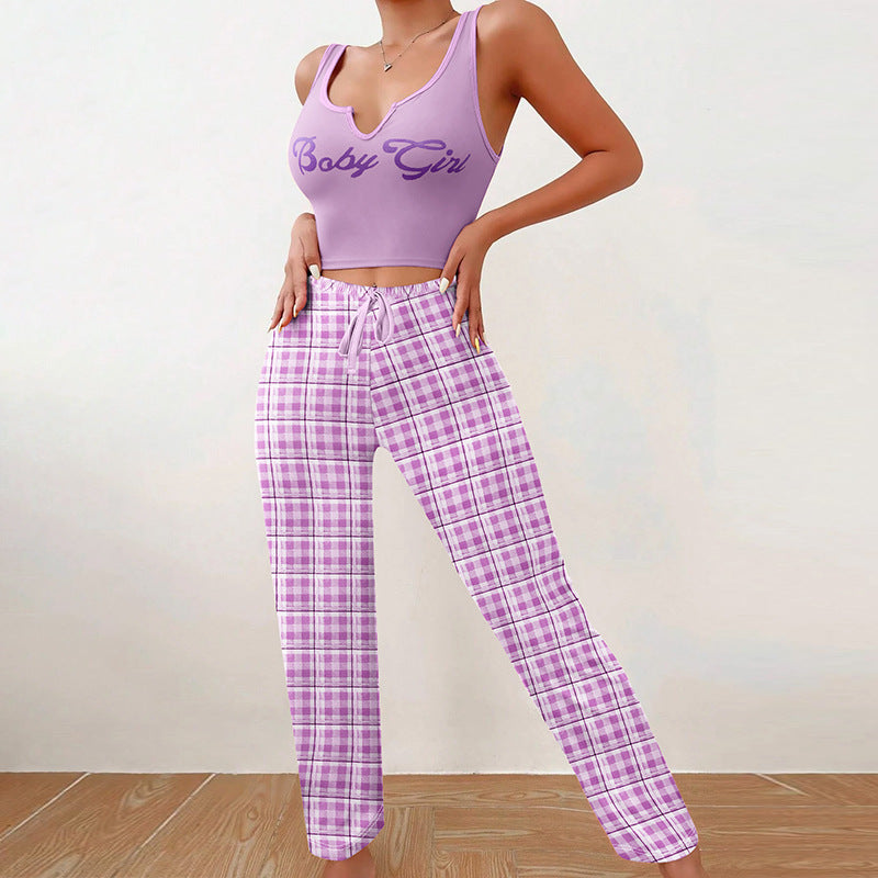 Essentials Plaid Trousers and Letter Print Pajama Set