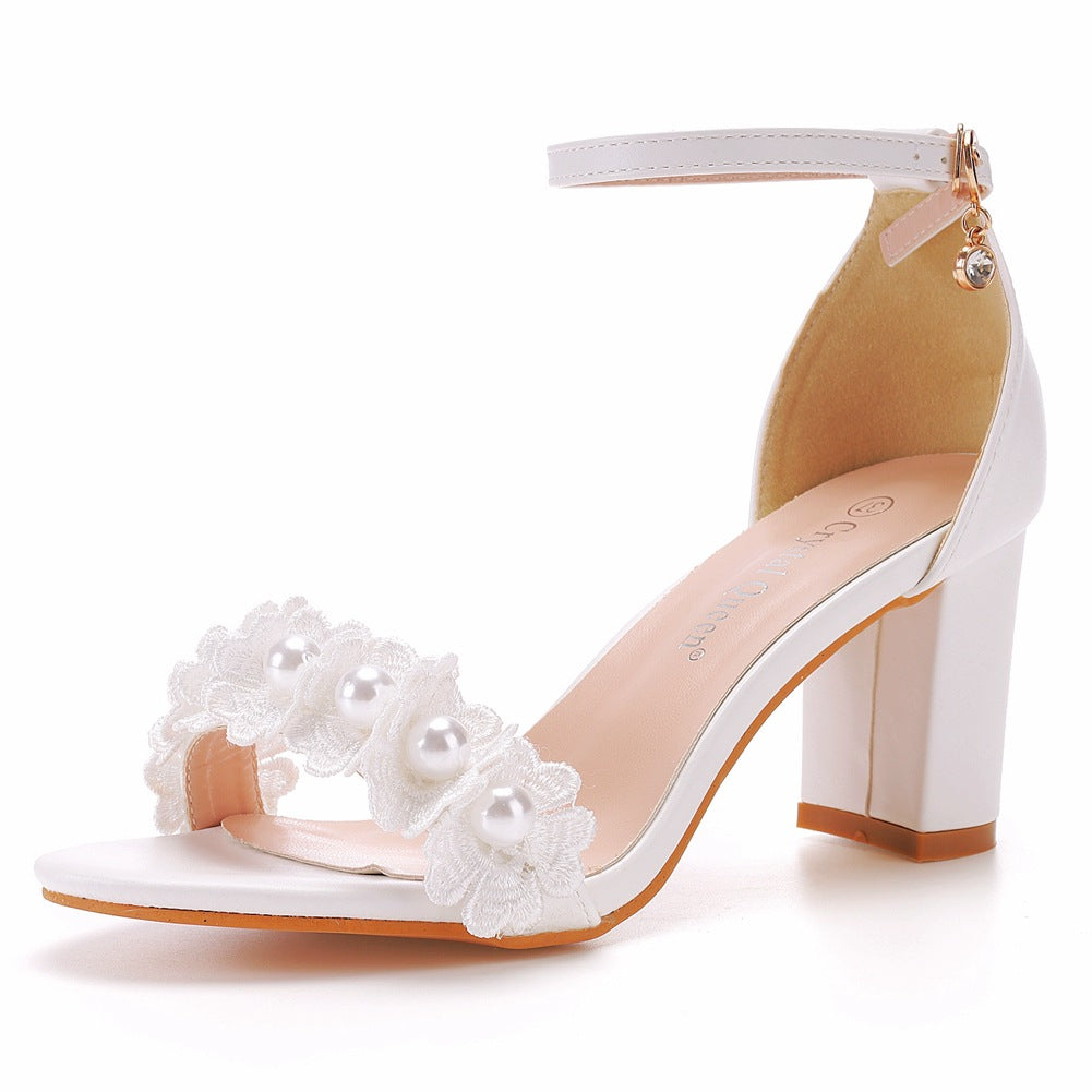 Embroidered Lace Beads Flower High Heel Sandals