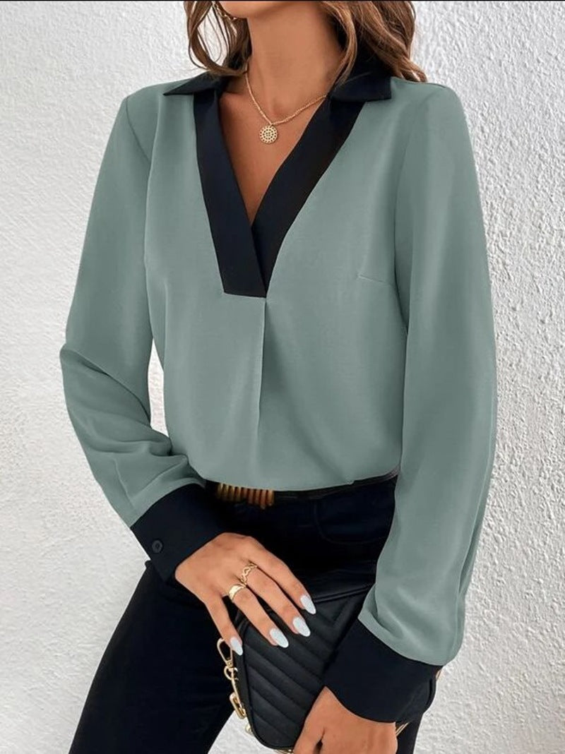 Casual Elegance V-Collar Contrast Shirt