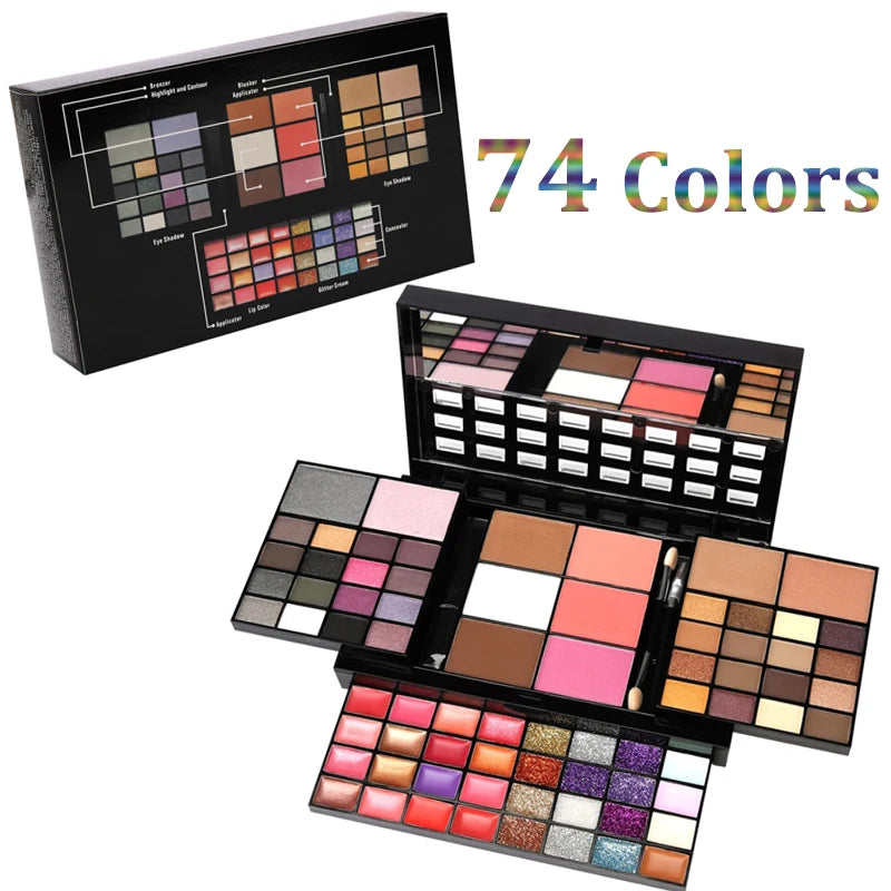 Complete Makeup Palette: 74 Colors Lip Gloss, Blush, Eyeshadow, Highlight Set