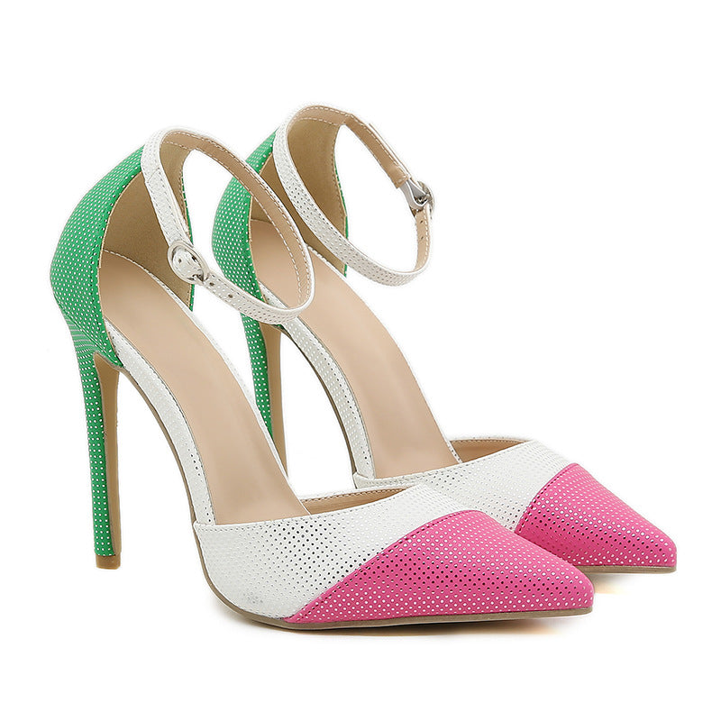Color Block Ankle Strap Pointed High Heel Stilettos