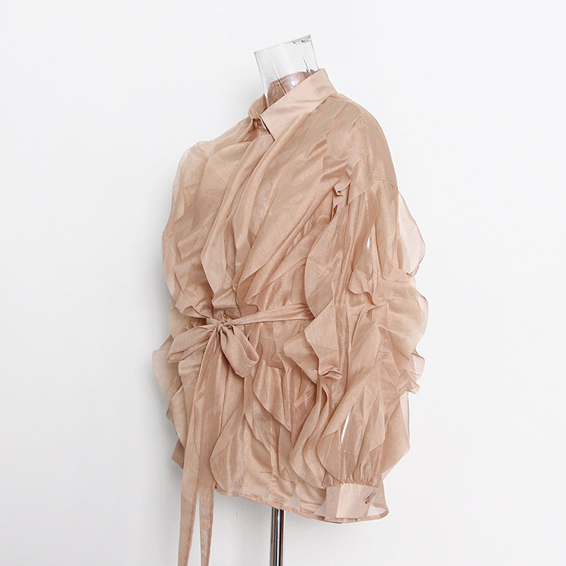 Irregular Stitching Lapel Single Breasted Lace-up Solid Color Loose Casual Shirt