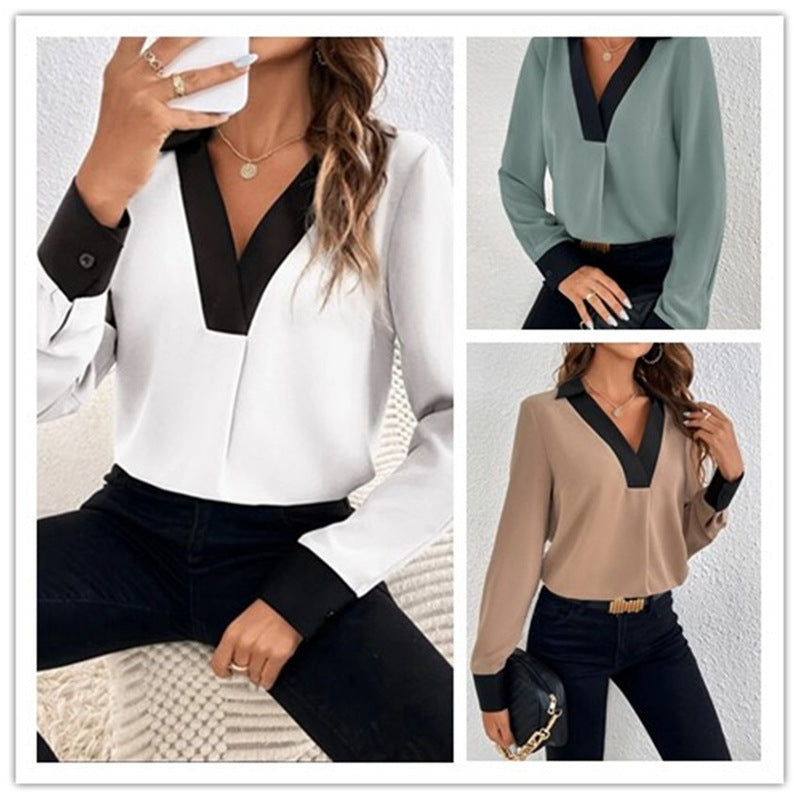 Casual Elegance V-Collar Contrast Shirt