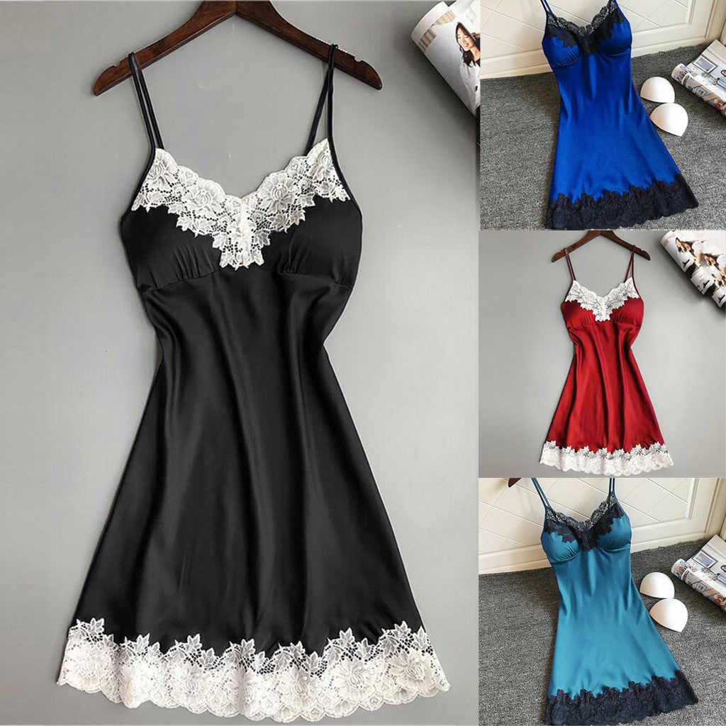 Nighttime Charm Satin Lace Stitching Nightdress