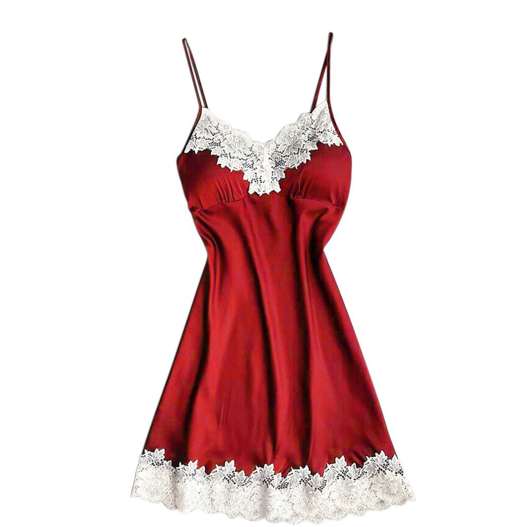 Nighttime Charm Satin Lace Stitching Nightdress