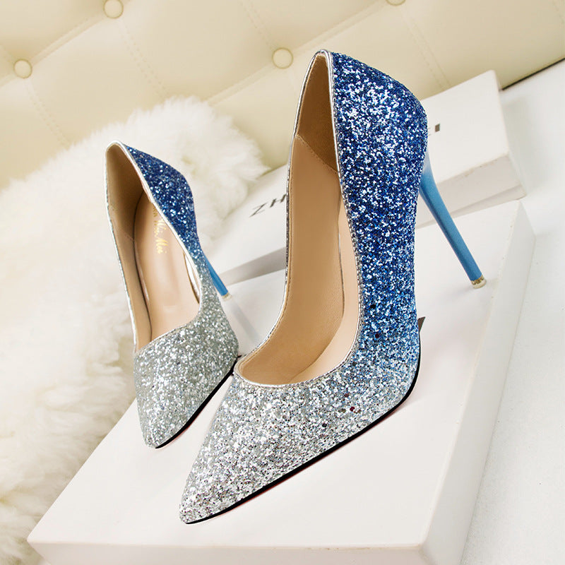 Glamorous Ombre Glitter Pump Low-Cut High Heels