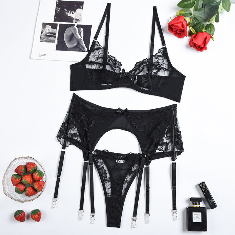 Romantic Black Lace Embroidered Lingerie Set with Sheer Mesh Accents