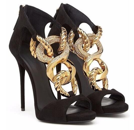 Fashion Runway Stiletto Suede Metal Chain Heels