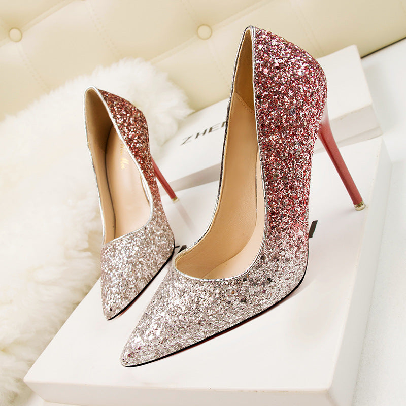 Glamorous Ombre Glitter Pump Low-Cut High Heels