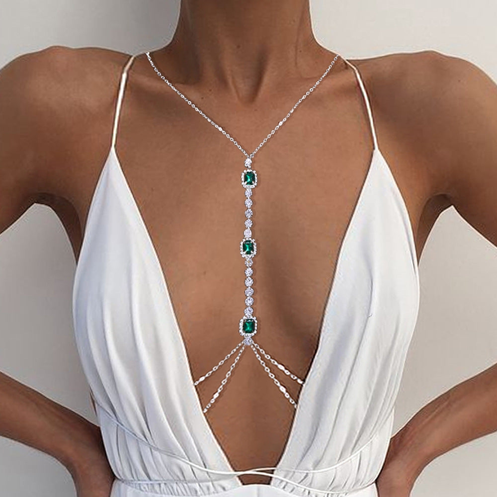 Emerald Rhinestone Chest Body Chain