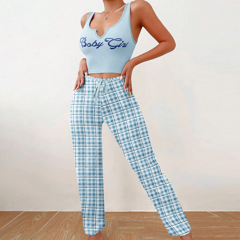 Essentials Plaid Trousers and Letter Print Pajama Set